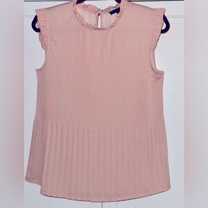 Adrianna Papell blush-pink w/modest white polka-dots. Pleating below waist